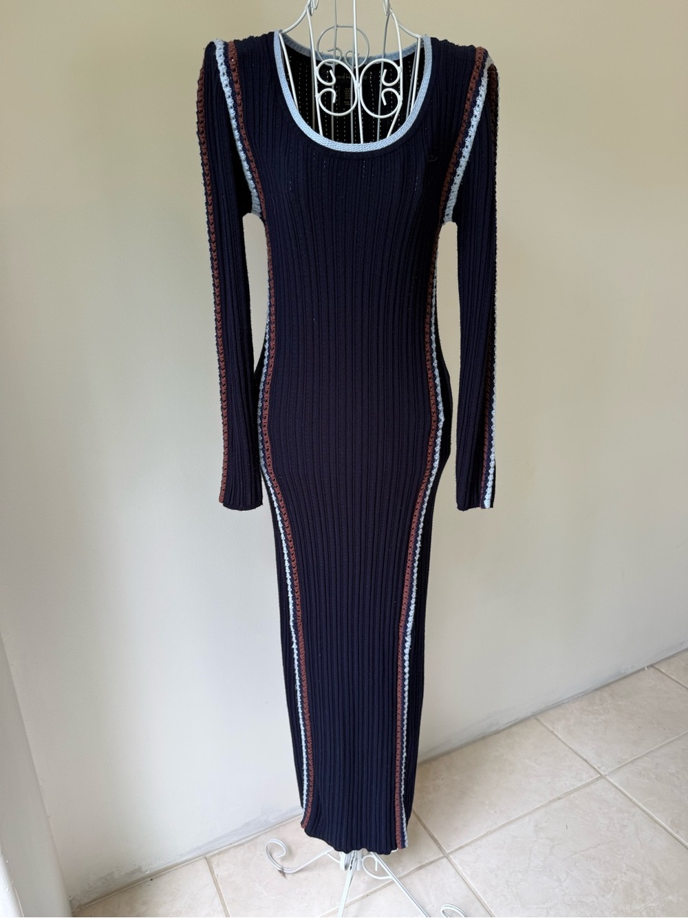 House of Harlow 1960 Ribbed Knit Midi Dress M Navy Bodycon